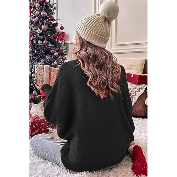 Oversized Christmas Black Sweater Women 2025 Merry Turtleneck Batwing Sleeve - Picture 4 of 6